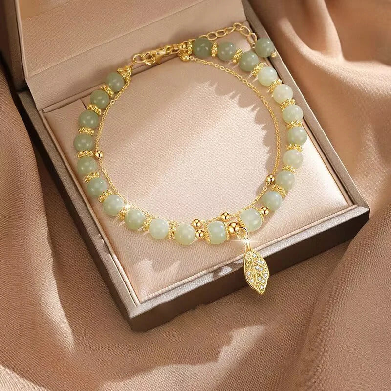 Chinese Style Green Jade Bracelet For Women Exquisite Gold Color Leaves Wrist Strap Bangle Double Chain Bracelet Girls Gifts