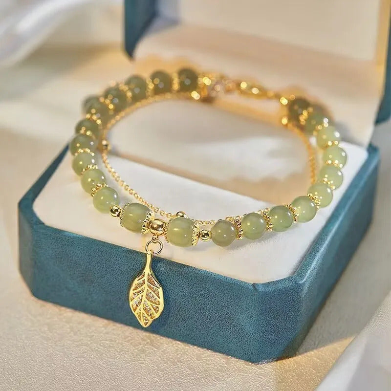 Chinese Style Green Jade Bracelet For Women Exquisite Gold Color Leaves Wrist Strap Bangle Double Chain Bracelet Girls Gifts