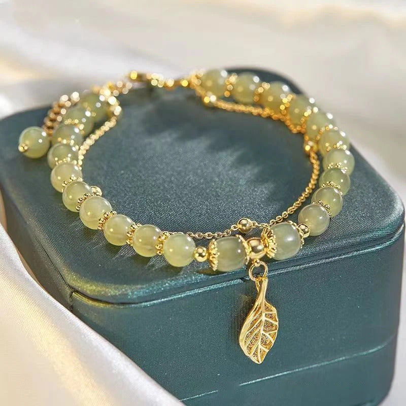 Chinese Style Green Jade Bracelet For Women Exquisite Gold Color Leaves Wrist Strap Bangle Double Chain Bracelet Girls Gifts