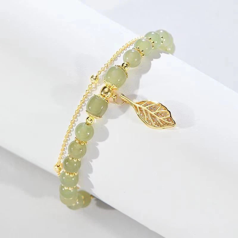 Chinese Style Green Jade Bracelet For Women Exquisite Gold Color Leaves Wrist Strap Bangle Double Chain Bracelet Girls Gifts