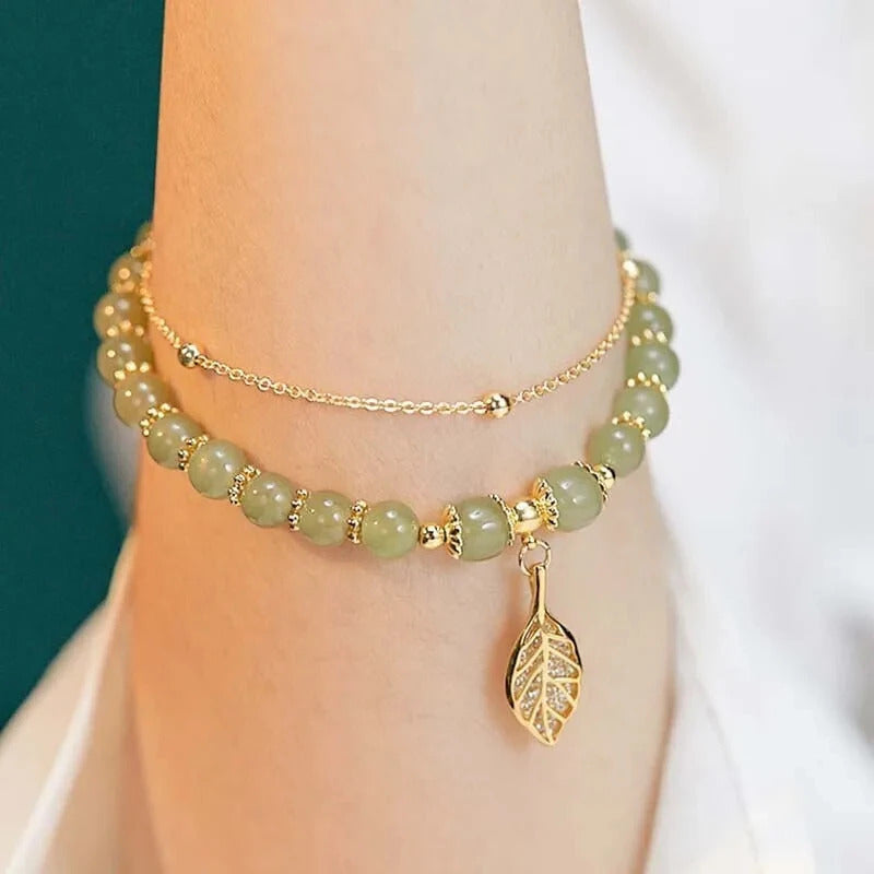 Chinese Style Green Jade Bracelet For Women Exquisite Gold Color Leaves Wrist Strap Bangle Double Chain Bracelet Girls Gifts