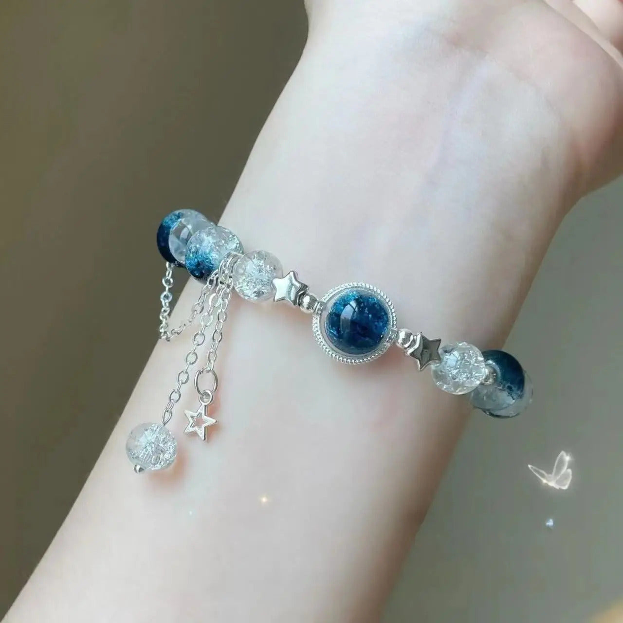 Niche Design Star Chain Tassel Bracelet for Women Fantasy Blue Crystal Beads Elastic Rope Bracelet Best Friend Jewelry Gifts