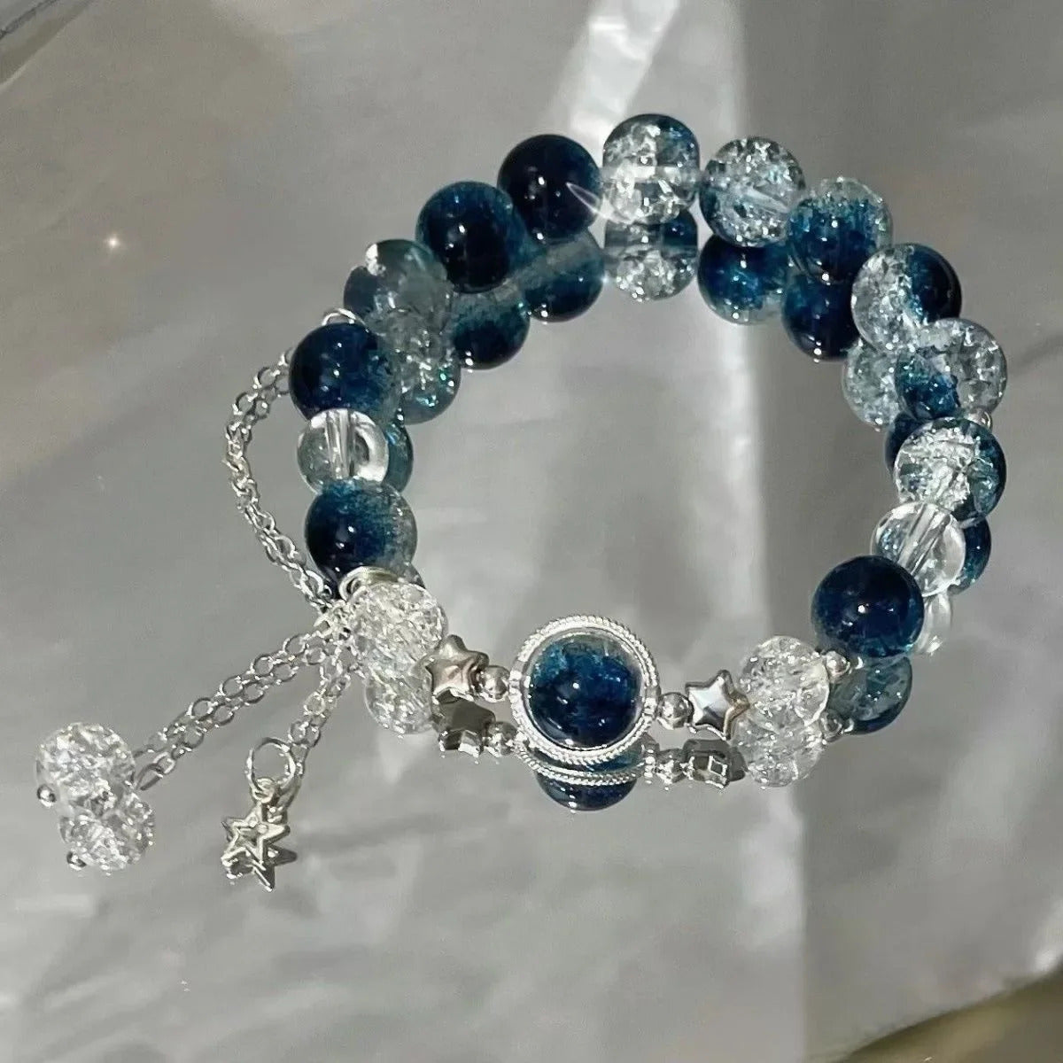 Niche Design Star Chain Tassel Bracelet for Women Fantasy Blue Crystal Beads Elastic Rope Bracelet Best Friend Jewelry Gifts